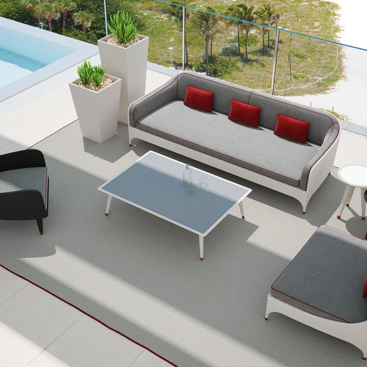 CPRN Homood Outdoor Sofas & Benches<Black 3-Seater Sofa with Gray and Red Cushions