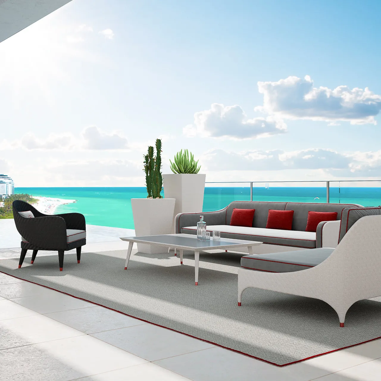 CPRN Homood Outdoor Sofas & Benches<Black 3-Seater Sofa with Gray and Red Cushions