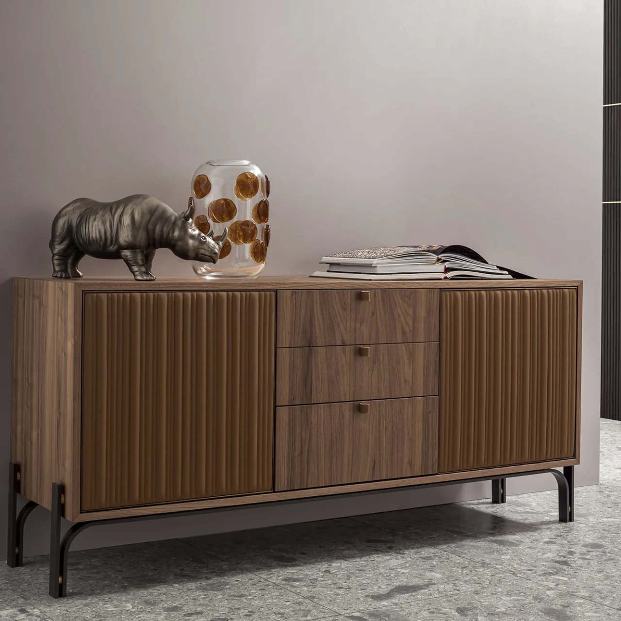Morica Design Sideboards Buffets<2-Door canette cognac Leather & Walnut Sideboard