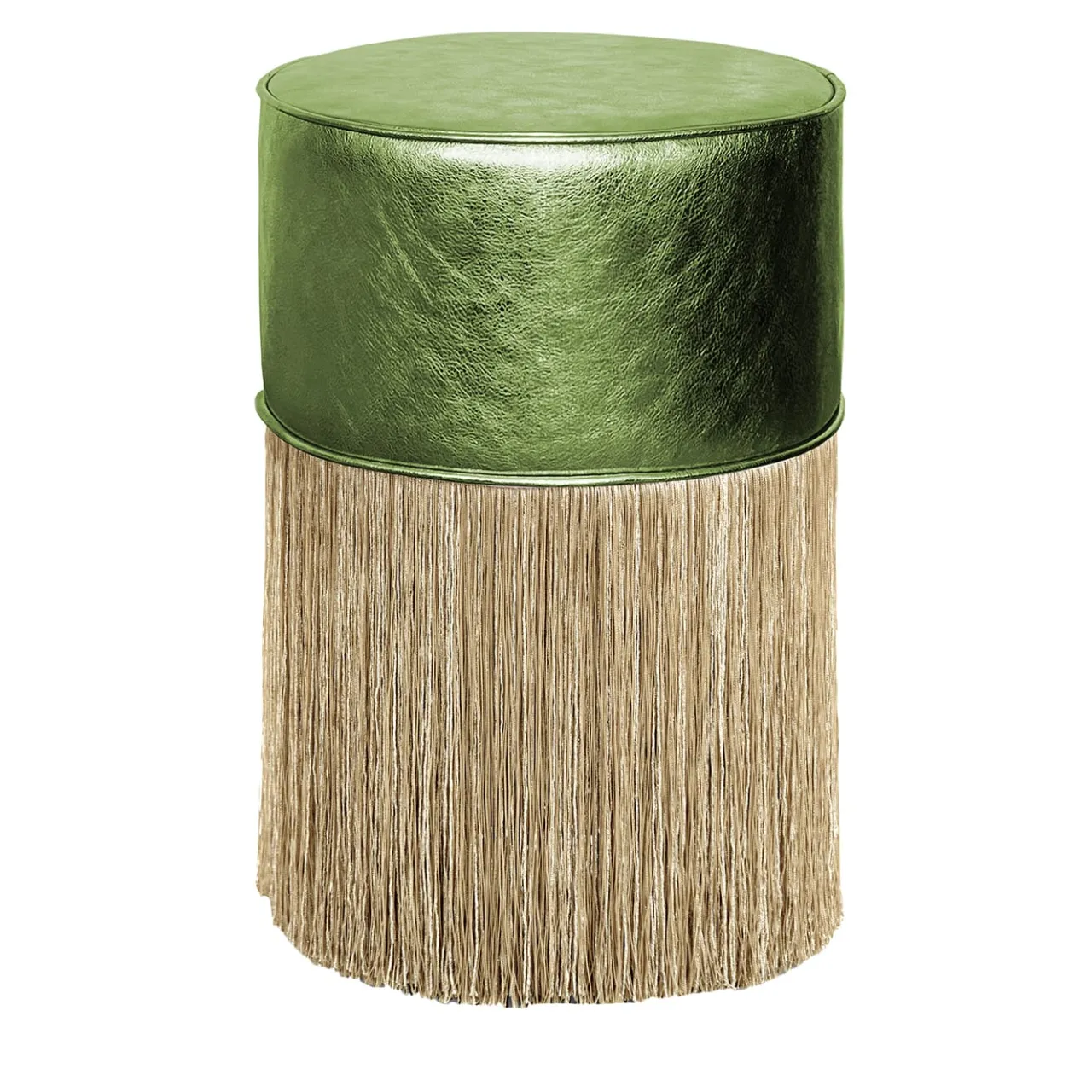 Lorenza Bozzoli Couture Ottomans & Poufs<Gleaming Green Leather Gold Fringes Pouf by Lorenza Bozzoli