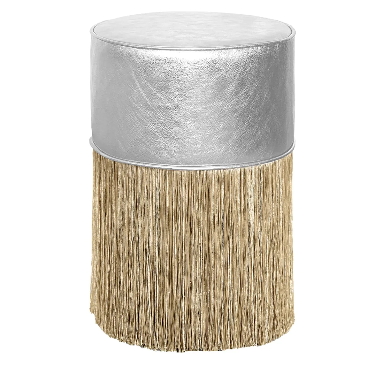 Lorenza Bozzoli Couture Ottomans & Poufs<Gleaming Silver Leather Gold Fringes Pouf by Lorenza Bozzoli