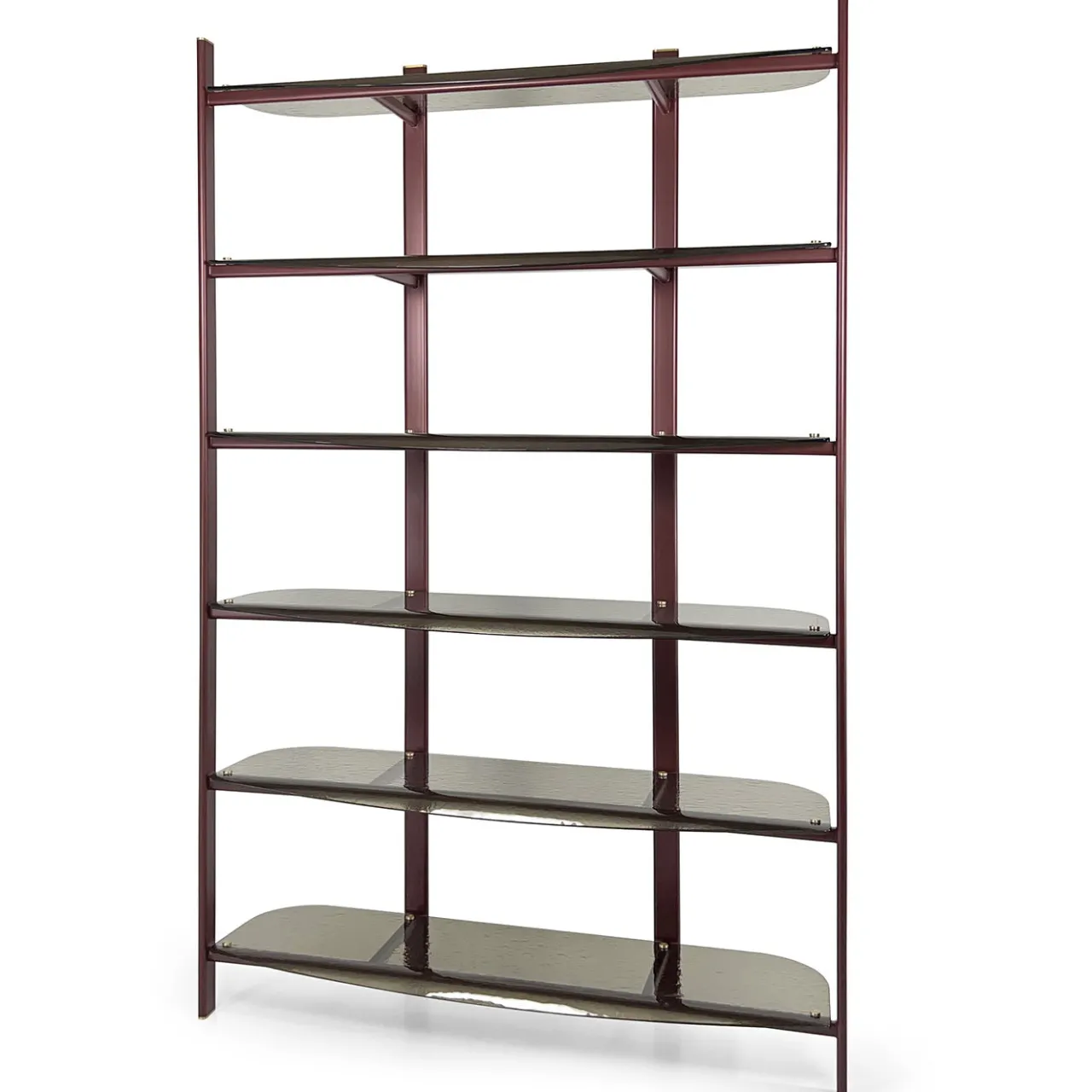 Borzalino Bookcases<Petra Red Metal Bookcase with Curved Bronze Glass Shelves