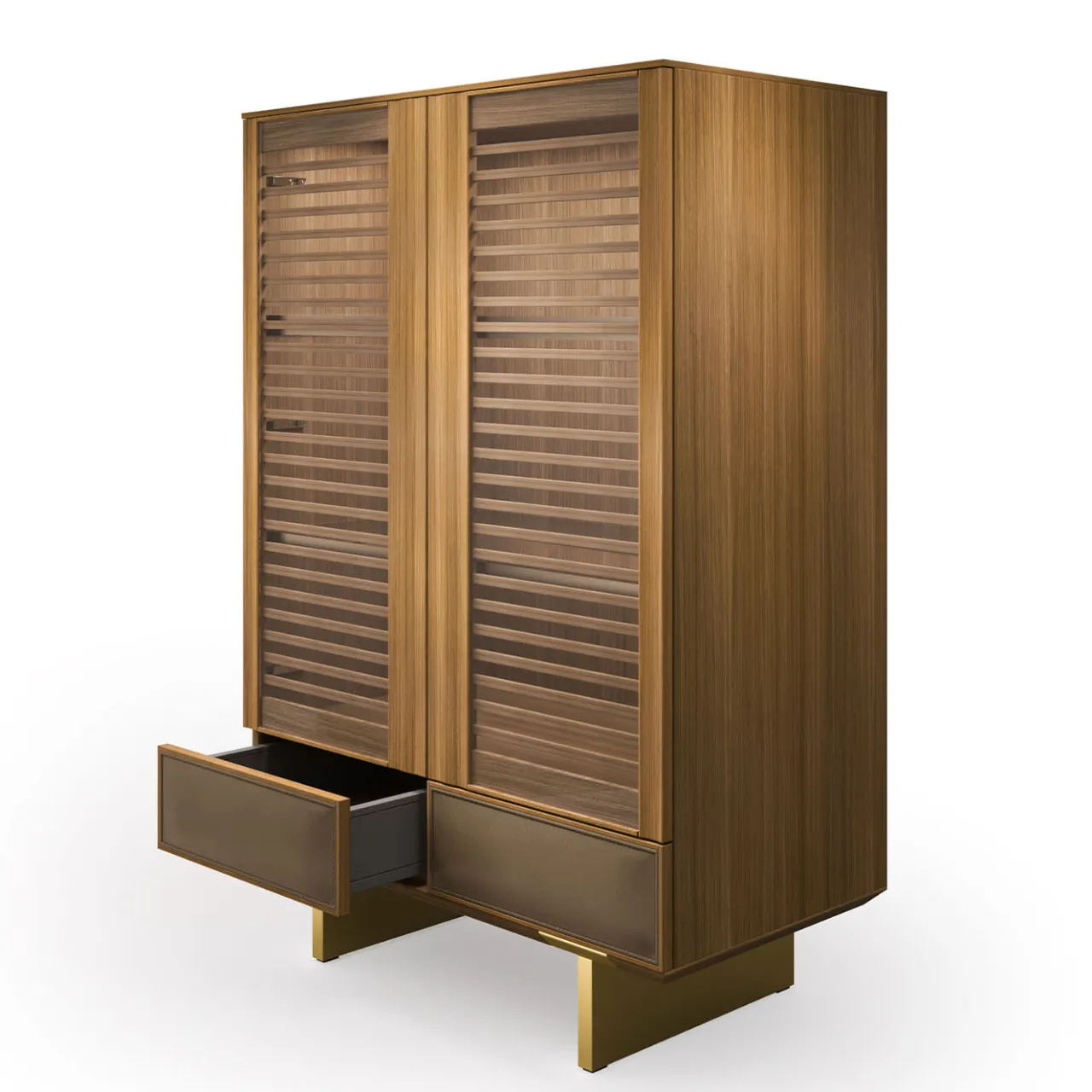 Arcari Arredamenti Cabinets<Solferino walnut Canaletto natural glass doors slats drawer leather Sideboard