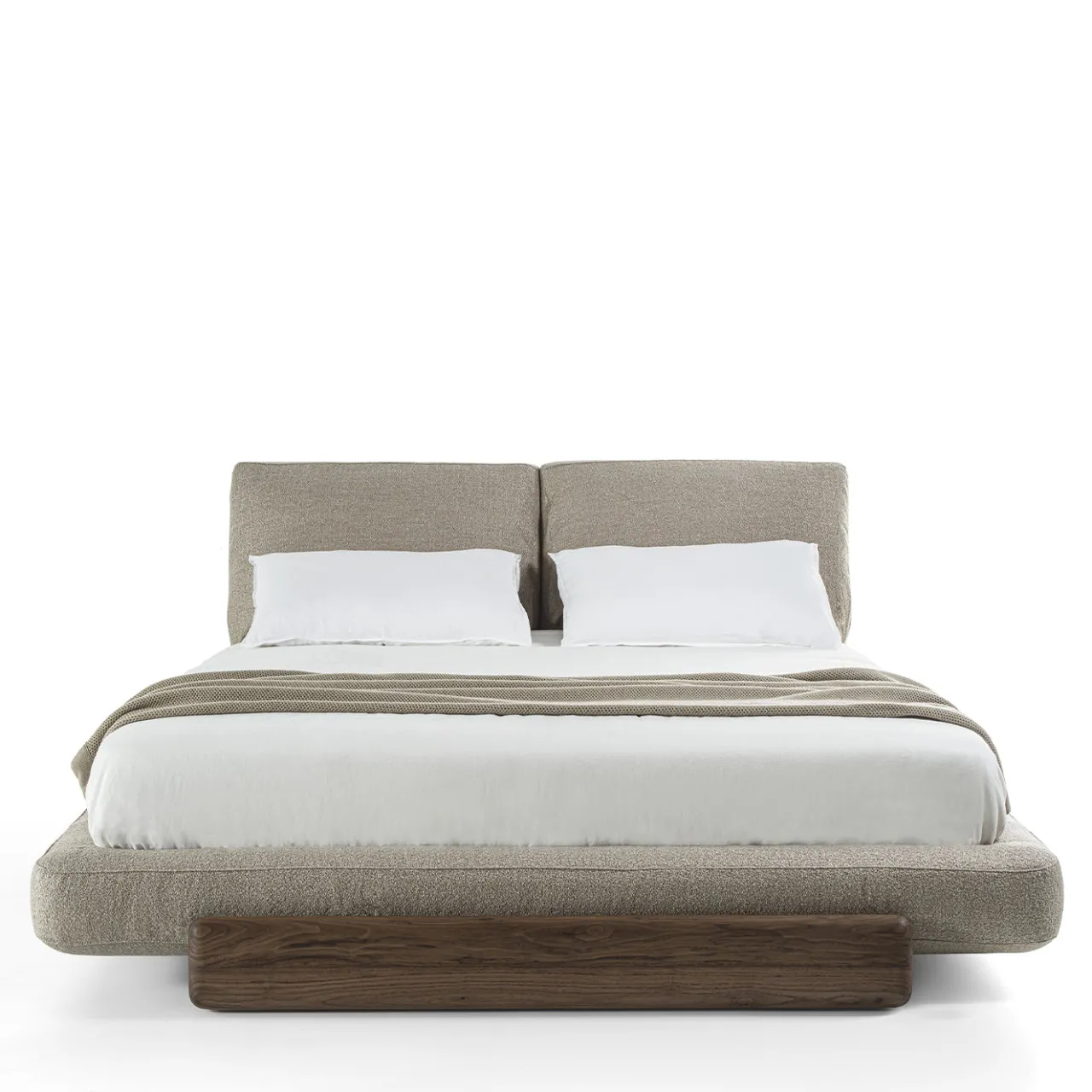 Riva 1920 Beds<Sospiro solid walnut wood and Taupe bouclé fabric Bed