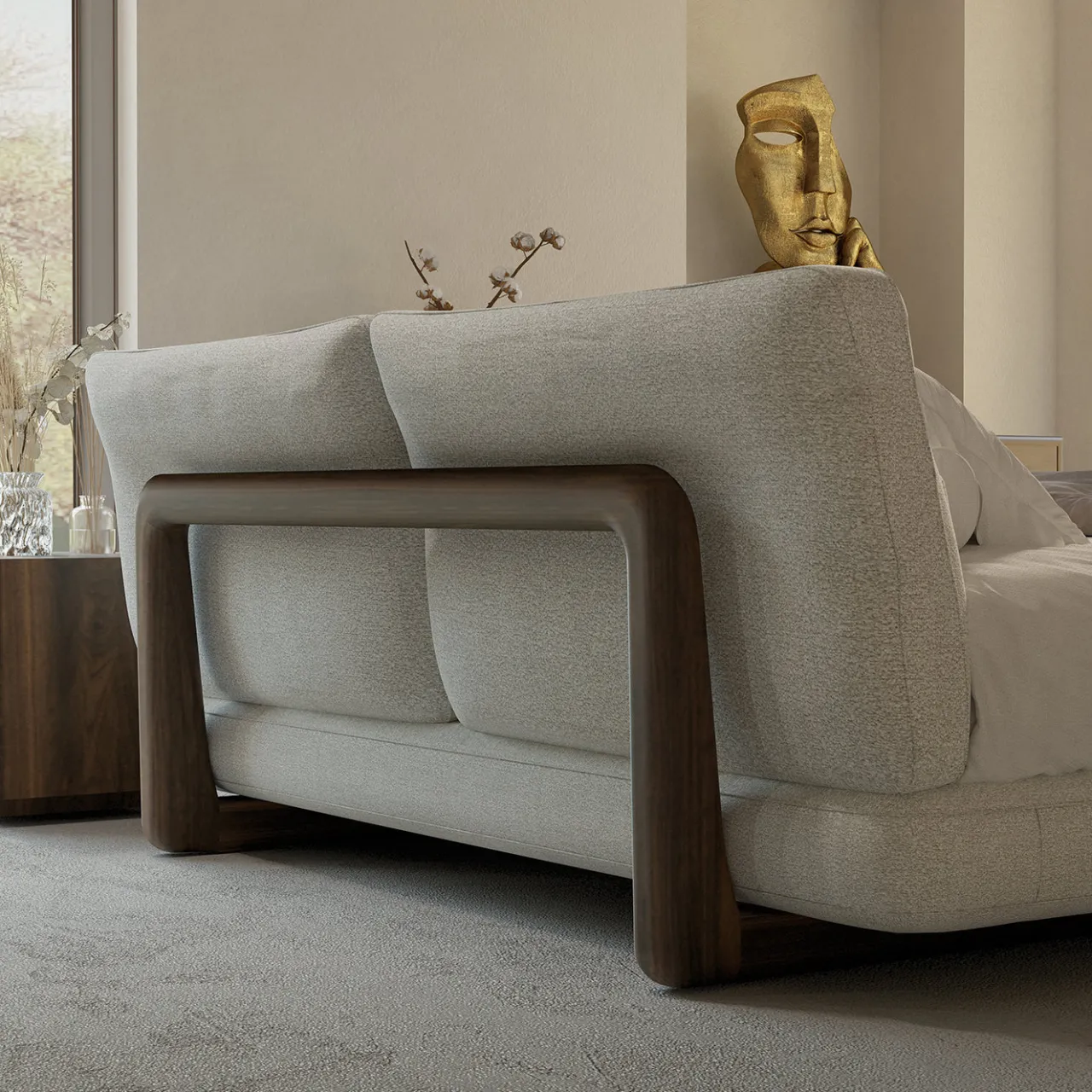 Riva 1920 Beds<Sospiro solid walnut wood and Taupe bouclé fabric Bed
