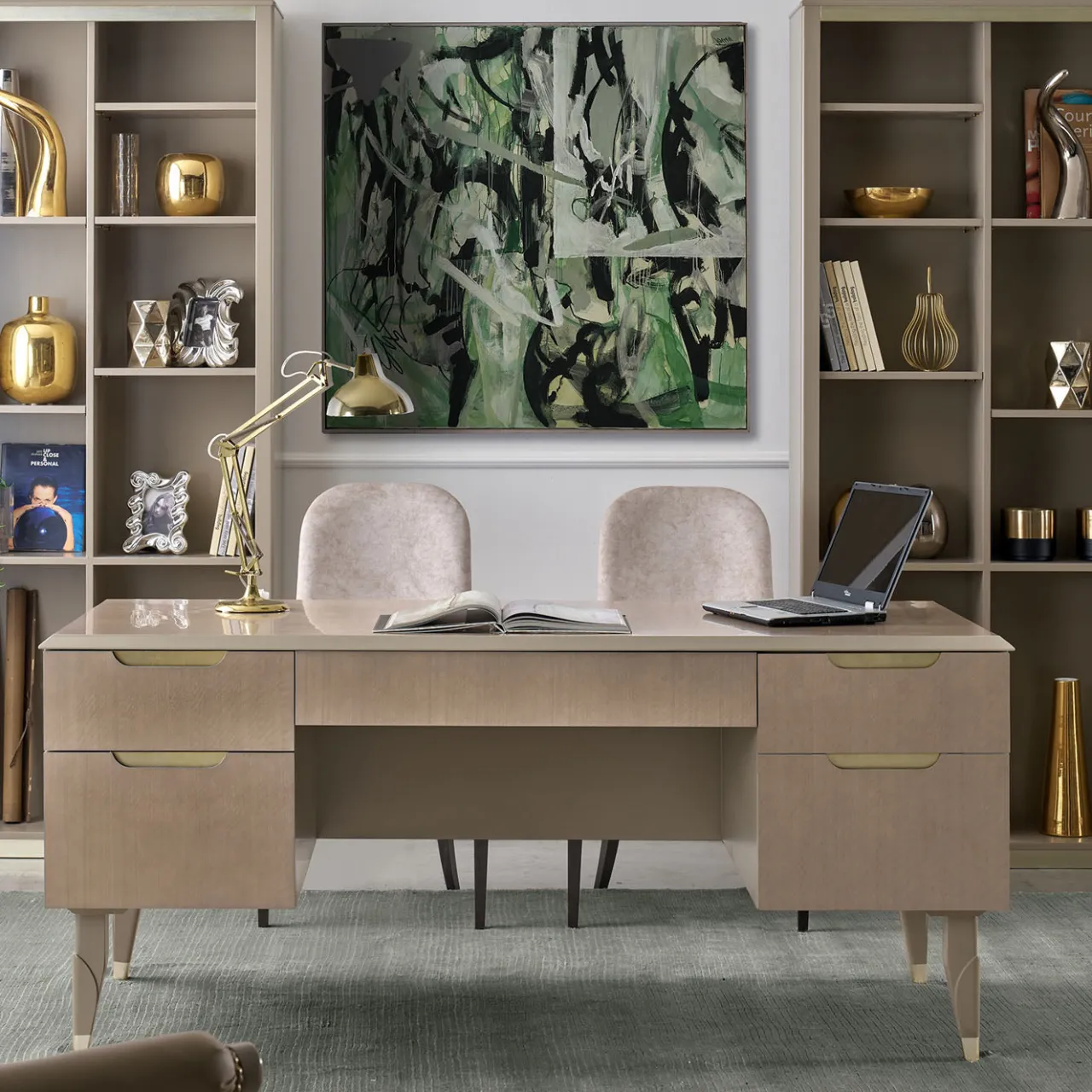 Guerra Vanni Desk & Writing Tables<Taupe Eucalyptus Writing Desk with Champagne Handles from Studio Privè Collection