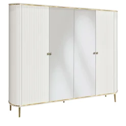 Morello Gianpaolo Cabinets<White 4-Door Wardrobe with Mirror and Gold Metal Accents